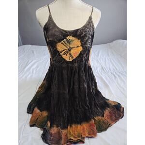 Y2K Boho Encounter Embroidered Chiffon Ruffle Blouse Tunic Brown Free Sz Hippie